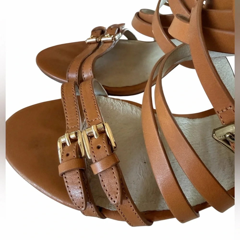 Michael Kors Brown Leather Strappy Stiletto Heels Sandals Size 10 Buckle Zip